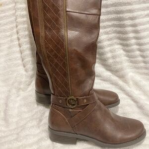 Guess GGB brown faux leather Upper knee-high boots. Featuring Double stretch pan